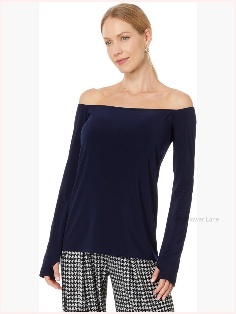 Long Sleeve Off Shoulder Top Relaxed Fit Polyester Blend